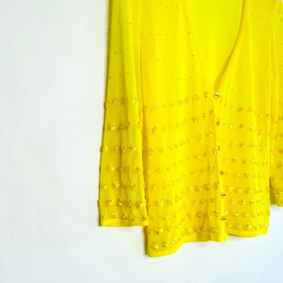 ESCADA Mesh Sequined Beaded Sheer Knit Bright Yellow Cardigan Sweater Size 38 - Picture 7 of 15